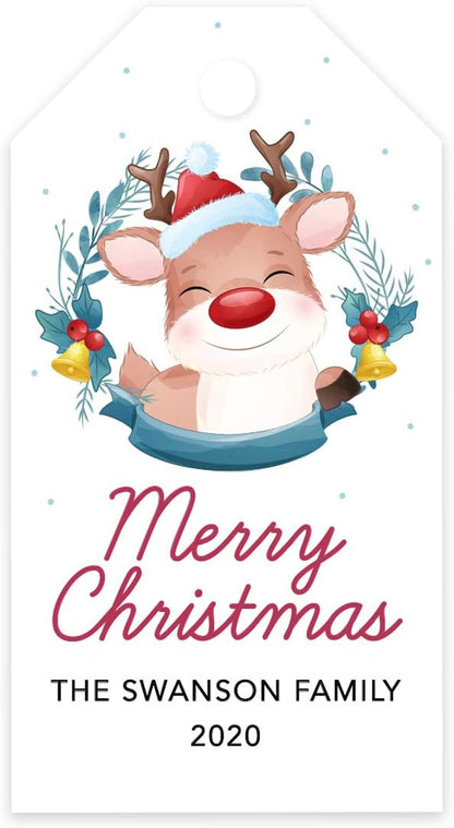 Andaz Press Personalized Christmas Holiday Season Classic Gift Tags, Merry Christmas Happy Reindeer with Santa Hat Design, Custom Family Name and Year, For Holiday Events, Parties, and Favors, 60-Pack