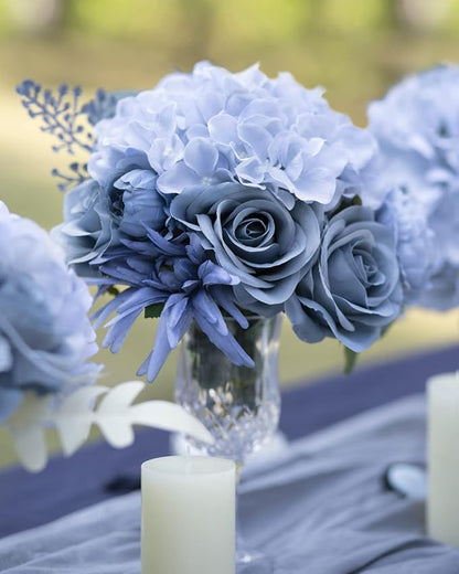 LFF 10pcs Silk Roses Artificial Flowers Fake Long Stem Roses for DIY Wedding Bouquet Home Decoration (Dusty Blue)