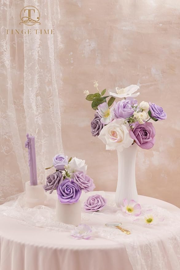 TINGE TIME Artificial Flowers White & Paisley Purple Flower Combo for DIY Wedding Bouquets Table Centerpieces Arrangements Party Baby Shower Home Decorations