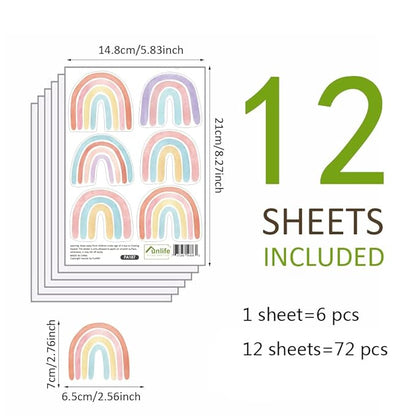 Boho Rainbow Wall Decals for Girls Bedroom 72 Pcs, Rainbow Stickers for Wall Mural Vinyl Peel and Stick DIY Decorations (12 Sheets)