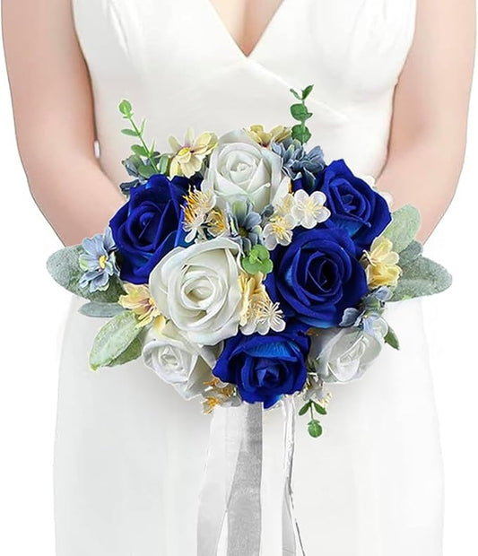 Rinlong 7“ Blue Wedding Bouquet for Bride Bridesmaid Artificial Toss Bouquet Royal Navy Blue Silk Bridal Bouquet Wedding Prom Bouquets