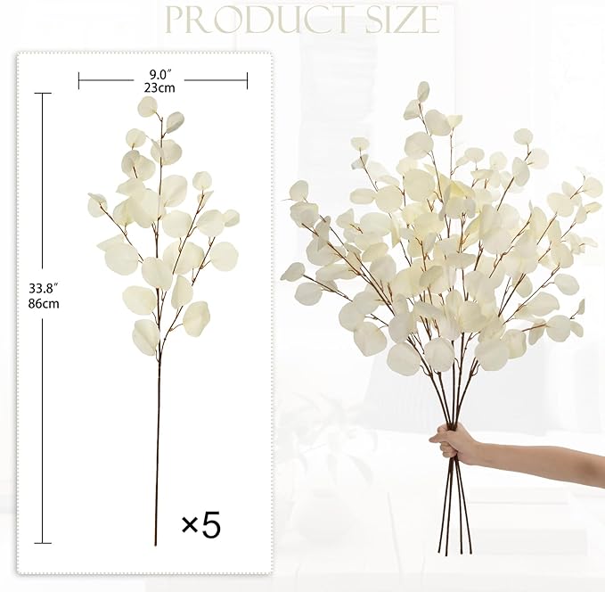 Cream White Eucalyptus Stems Fake Eucalyptu Leaves 34” Long Silver Dollar Leaves 5 Pcs Silk Eucalyptu Stems for DIY Bouquet Arrangements Centerpieces Shower Decorations-Artificial Eucalyptus Spray