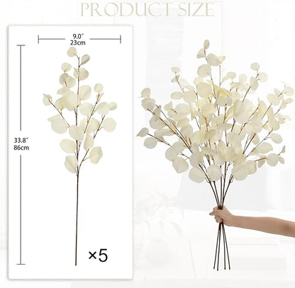 Cream White Eucalyptus Stems Fake Eucalyptu Leaves 34” Long Silver Dollar Leaves 5 Pcs Silk Eucalyptu Stems for DIY Bouquet Arrangements Centerpieces Shower Decorations-Artificial Eucalyptus Spray