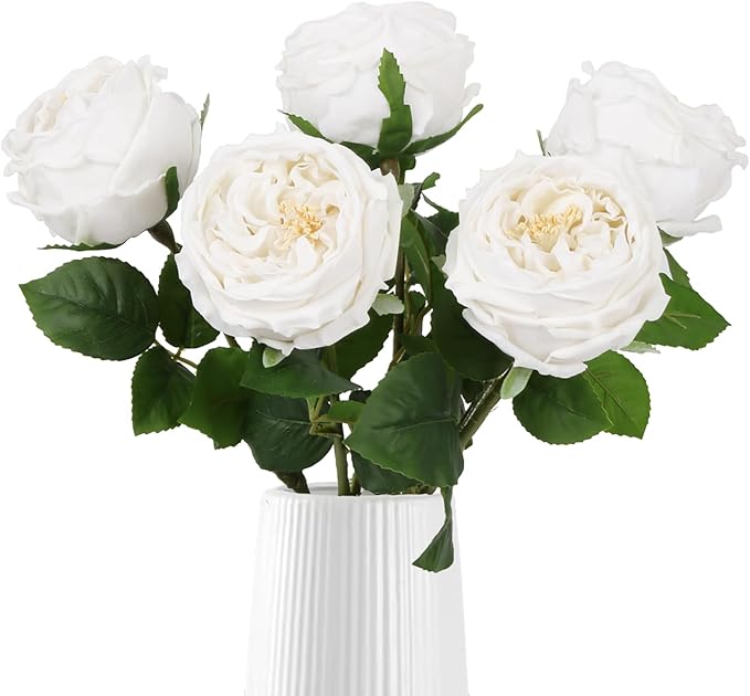 IPOPU White Roses Artificial Flowers,5PCS Real Touch Austin Roses Faux Peony Flowers Stems for Wedding Bouquet Party Home Decor(White)