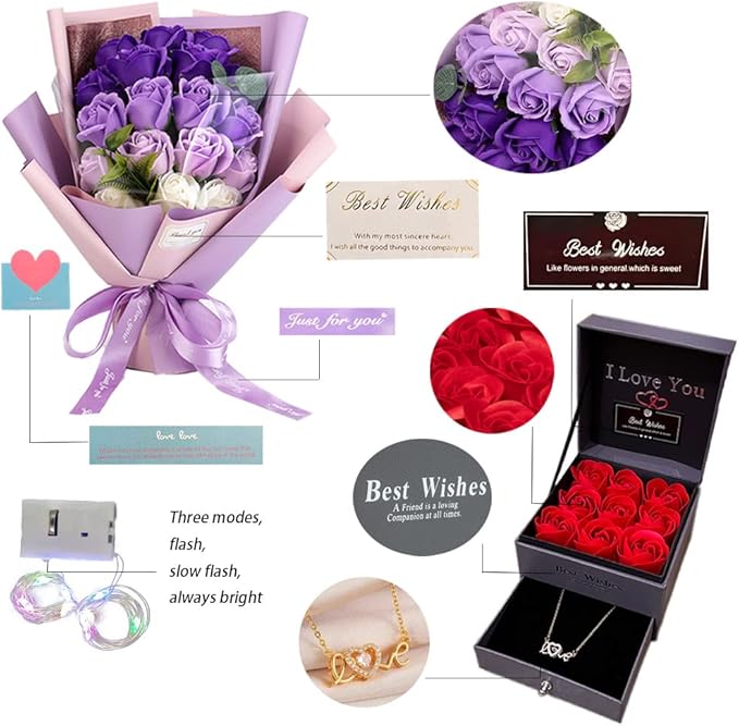 EIGHTOWN Roses Bouquet Fake Artificial Flower - Preserved Red Flowers with Love Necklace for Her - Unique Gifts Valentine's Day, Mother's Day, Thanksgiving, Birthday, Anniversary