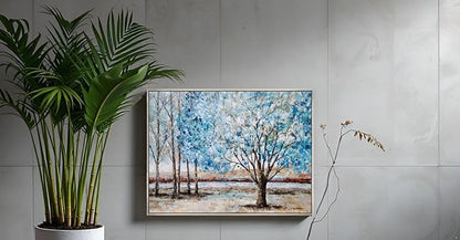 Yihui Arts Blue Tree Canvas Wall Art - Hand Painted Textured Abstract Forest Landscape Modern Artwork with Gold Foil Framed for Living Room, Bedroom, and Bathroom Decor