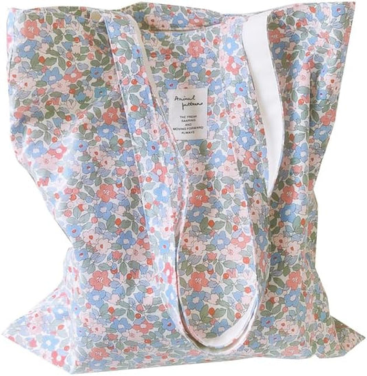 Cotton Canvas Tote Bag Reusable Soft Grocery Cloth Bag Floral Shoulder Bag for Beach Travel Shopping