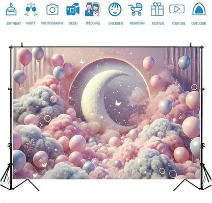 Dreamy Moon and Balloons Backdrop Pink Dreamy Balloon Moon Baby Birthday Decoration Kids Portrait Photo Backdrop Newborn Baby Photography Background (6x4feet)