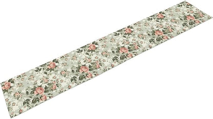 Rose Floral Table Runner, Green Pink Rose Leaf Classic Vintage Decorative Table Runner for Kitchen Dining Party Wedding Home Decor, 13x108 Inch