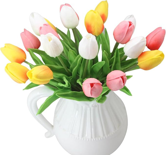 Artificial Flowers 10 Heads Mini Real Touch Artificial Tulip Multicolor Bouquet for Home Wedding Party Centerpiece Decoration (White&Orange&Pink)