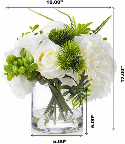 ENOVA FLORAL Artificial Rose Flowers in Vase, Mixed Fake White Rose and Silk Peonies in Vase with Faux Water for Dining Table Centerpieces, Home Decor Indoor