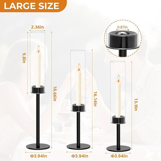 Black Taper Candle Holder Set with Glass Hurricane – Modern Candlestick Holders for Dining Room, Premium Gift Set for Wedding, Fall Centerpieces for Tables, Warmly Gift for Home Decor, Christmas Decor