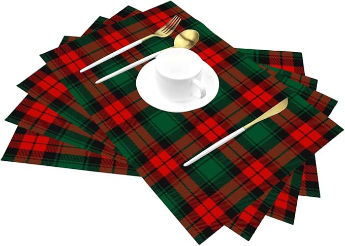 PVC Placemats Set of 4 Wipeable Table Mats Washable Heat Resistant Non Slip Vinyl Dining Table Mat for Kitchen Indoor Outdoor Patio Farmhouse Place Mats Christmas Green Red Grid Decorative