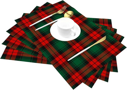 PVC Placemats Set of 6 Wipeable Table Mats Washable Heat Resistant Non Slip Vinyl Dining Table Mat for Kitchen Indoor Outdoor Patio Farmhouse Place Mats Christmas Green Red Grid Decorative