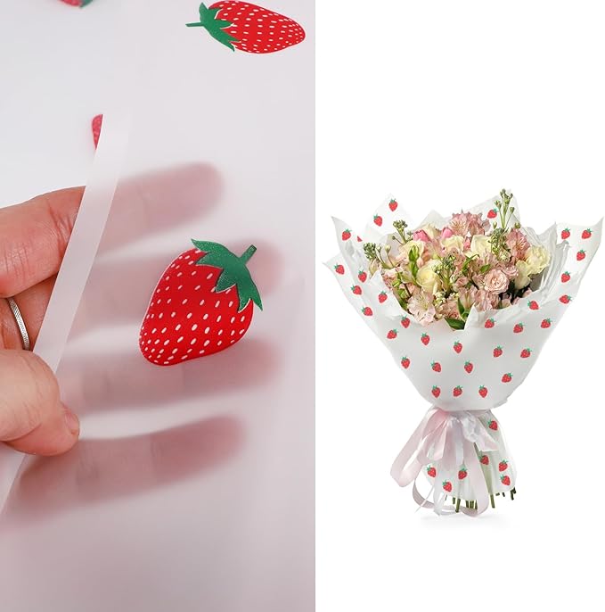 HLTOO 20 Sheets Flower Wrapping Paper, Bouquet Floral Packaging Paper with Strawberry Pattern, for Wedding, Party, Mother's Day, Birthday, and DIY Craft Florist Supplies (White)