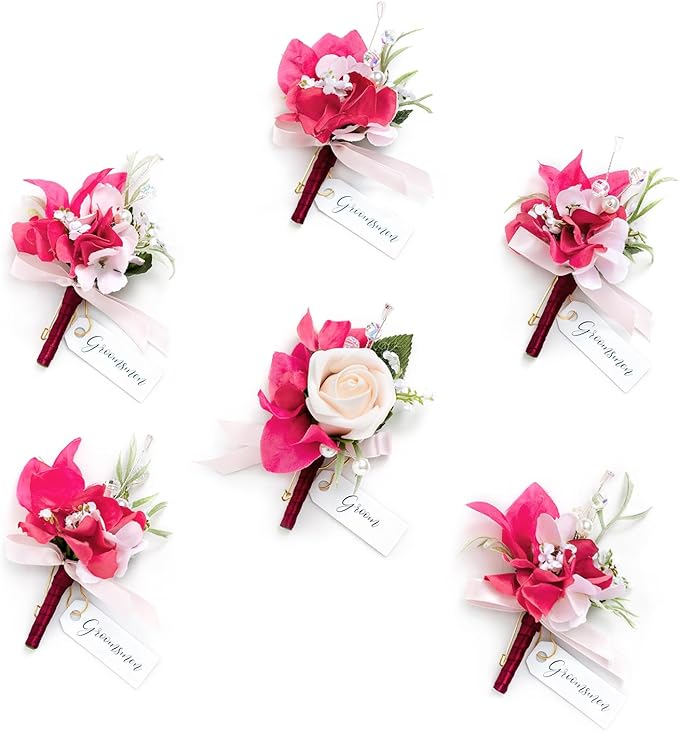 Ling's moment Boutonniere for Men, 6pcs Groom Groomsmen Boutonniere, Artificial Flowers for Wedding Decor/Prom/Homecoming, etc.Blush Hot Pink