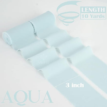 MEEDEE Aqua Chiffon Ribbon 3 Inch Fringe Ribbons Blue Chiffon Silk Frayed Edge Ribbon Wide Chiffon Ribbons for Crafts, Flower Bouquet, Wedding Favors Wrapping (2 Rolls 10 Yards)