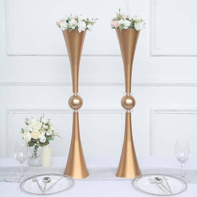 Efavormart 2 Pack | 31" Gold Crystal Embellishment Trumpet Table Centerpiece, Reversible Plastic Flower Vase