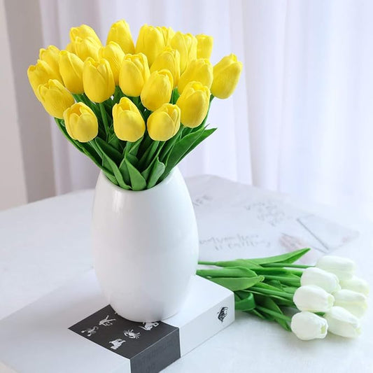 30 Pcs Fake Latex Tulips Artificial Flowers Faux Tulip Stems Real Touch Tulips for Wedding Party Home Decoration(Yellow)