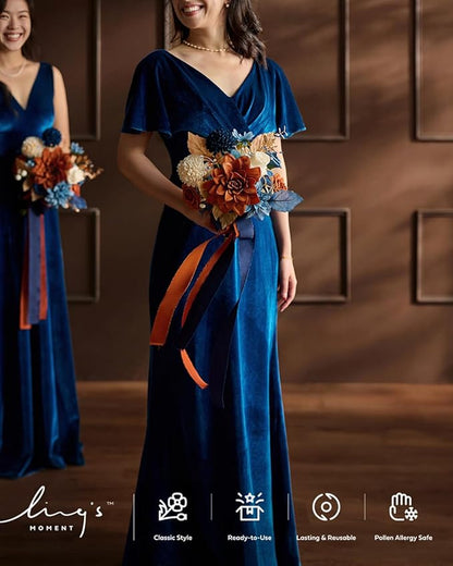 Ling's moment Artificial Flowers Orange & Navy Bridesmaid Bouquet Set of 4, Orange Wedding Flowers Bouquets for Bridesmaids, 7 Inch Bridal Bouquets for Bridesmaids, Wedding Decor, etc