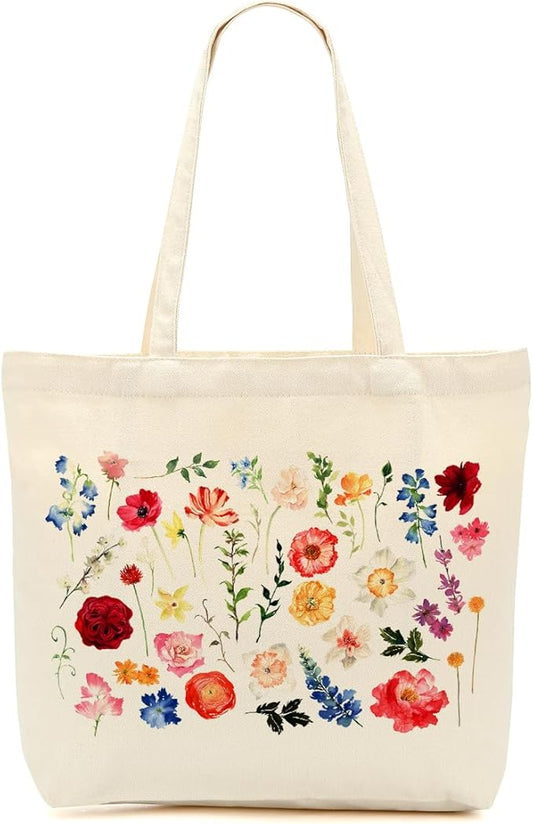 Aesthetic Floral Canvas Tote Bag for Women with Pocket, Tote Bags for Grocery Shopping Work Gym Christmas Birthday