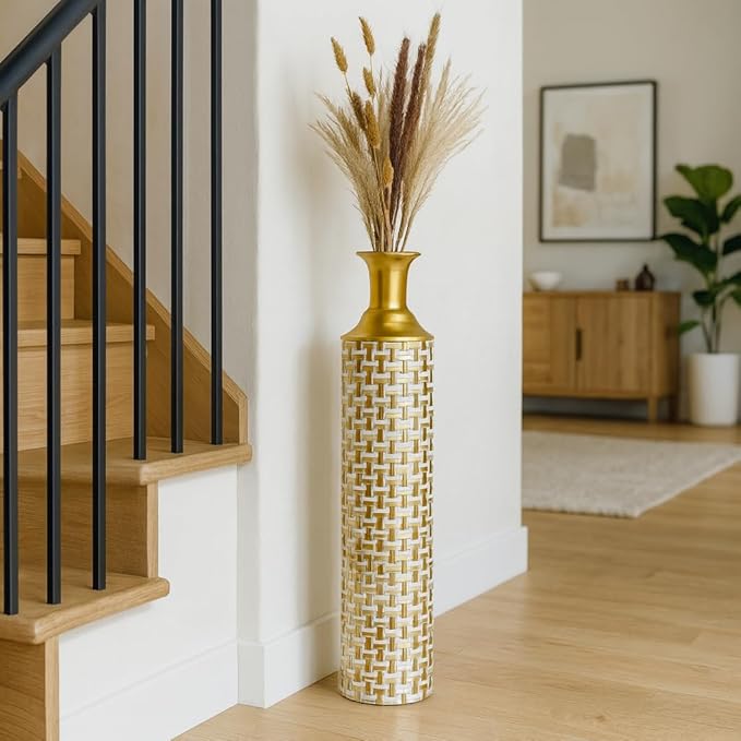 Leewadee Black Tall Floor Vase, Set of 3 Decorative 26/21/16″ Large Vases from Metal for Home Decor Living Room, Style with Pampas Grass for Modern, Vintage, Rustic or Farmhouse Room Decor