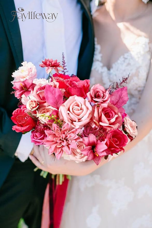 Artificial Flowers, Silk Hot Pink Flowers for DIY Wedding Bridal Bouquets, Fake Cake Flowers for Centerpieces,Baby Shower, Table Arrangement, Home Party Decorations