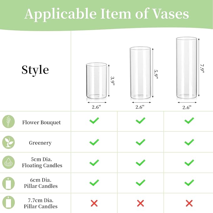 Glasseam Clear Glass Cylinder Vase, 6pcs Glass Vases for Centerpieces, Modern Floating Candle Vases for Flowers, Hurricane Vase Decor Candle Holders for Pillar Candles Wedding Decorations (4"/6"/8")