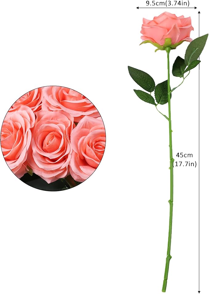 50pcs Artificial Rose Flower Coral Peach Flower with Long Stem Silk Roses Bouquet for Wedding Bridal Shower Party Home Decoration