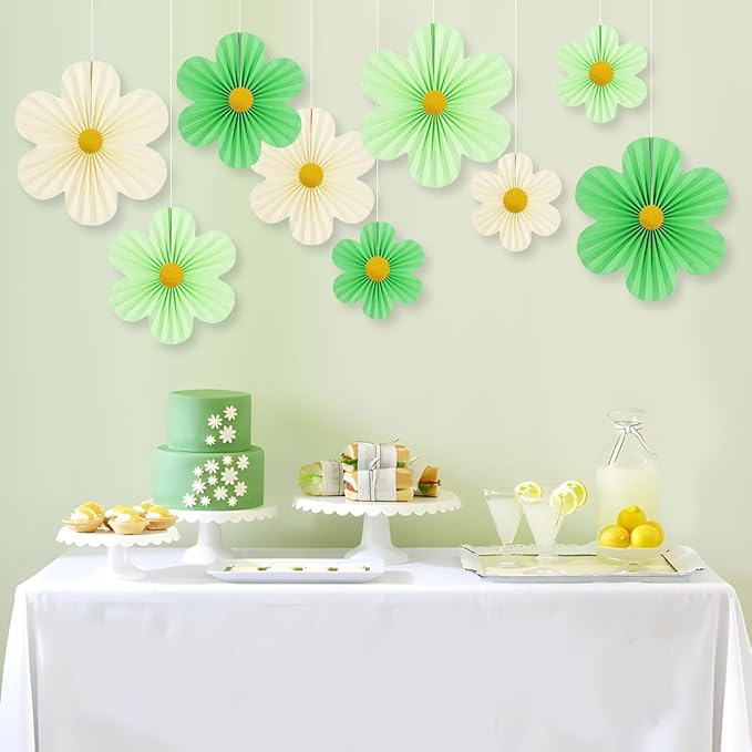 Green Party Decorations Paper Flowers Decorations for Wall Classroom Paper Fans Floral Backdrop Flower Wall Decor Pack of 9 Green