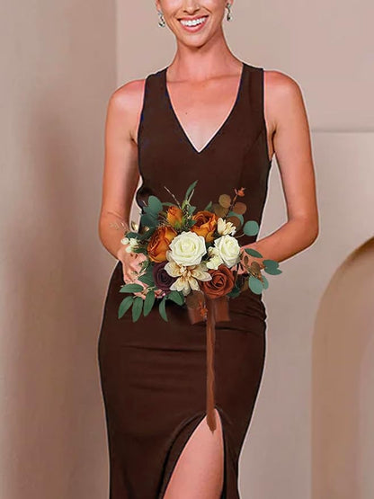 Rinlong 1Pc Fall Wedding Bouquets for Bridesmaids Bride Terracotta Artificial Bridesmaid Bridal Bouquet for Wedding Prom