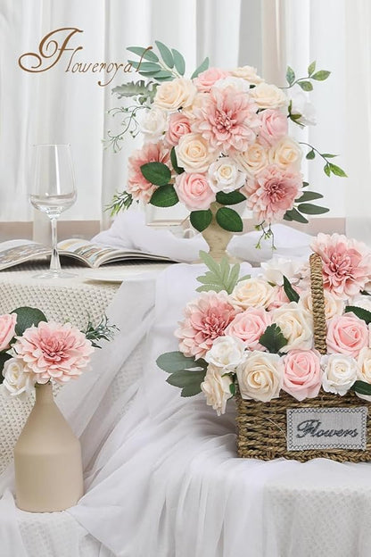 Floweroyal Artificial Pink Flowers Fake Rose Flowers Dahlia with Stems for DIY Wedding Bridal Bouquets, Baby Shower, Floral Arrangement, Table Centerpieces, Home Decorations.