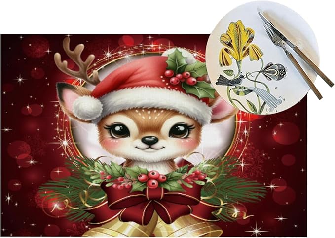 PVC Placemats Set of 4 Wipeable Table Mats Washable Heat Resistant Non Slip Vinyl Dining Table Mat for Kitchen Indoor Outdoor Patio Farmhouse Place Mats Red Christmas Bell Deer Decorative