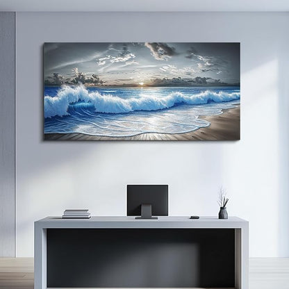 PHAOHUAXM Wall Decor For Living Room Wall Art For Bedroom Office Restaurant Decoration Black White And Blue Ocean Wave Landscape Painting Canvas Pictures Printing Artworks Modern Home Decor 20"X40"