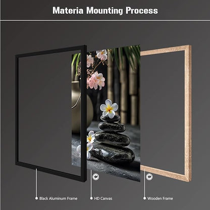 A harmonious black stone stack paired with white and pink flowers bamboo and ceramic vases creates a tranquil Zen decor for minimalist homes and mindful spaces 24x36in Metal blackFramed