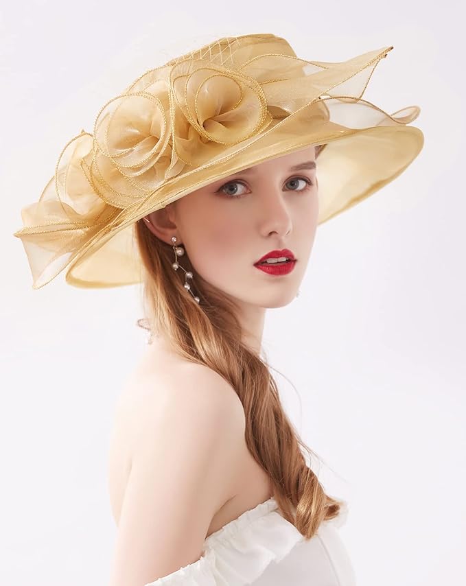 Organza Derby Hats for Women Wide Brim Fascinator Hat Rose Flower Wedding Tea Party Hat