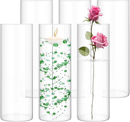 6 Pack Glass Cylinder Vases 10 Inch Tall Clear Flower Vase for Centerpieces, Hurricane Floating Candle Holder Wedding Decorations, Floral Vase Bulk for Table Shelf Party Home Deco (10 x 3.35 Inch)