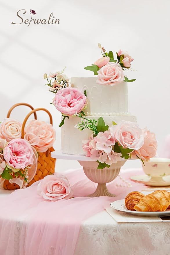 Serwalin Artificial Flowers Pink Flowers Fake Silk Flowers Wedding Cake Flowers for Wedding Bouquets Table Centerpieces Spring Decor Party Baby Shower Decoration