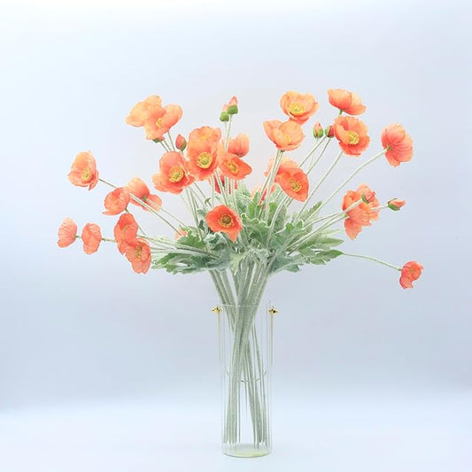 2 Pcs Artificial Fake Flowers Plants Poppies Silk Flower Arrangements Wedding Bouquets Decorations Plastic Floral Table Centerpieces for Home Kitchen Garden Party Decor Approx 23.6" High - Dark Coral