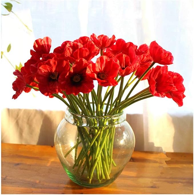 10 PCS High Quaulity Fresh Artificial Mini Real Touch PU/ latex Corn Poppies Decorative Silk fake artificial poppy flowers for Wedding holiday Bridal Bouquet Home Party Decor bridesmaid (Red)