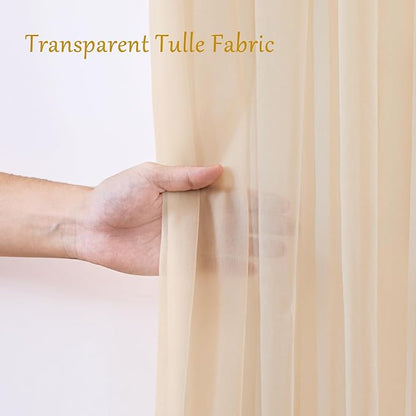 20×10ft Champagne Tulle Backdrop Curtain with Lights String for Parties, Sheer Curtain Backdrop Drapes for Wedding Party Photography Background