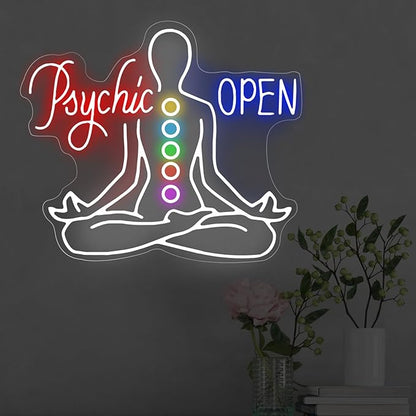 Psychic Open Neon Sign Charka Neon Light, Yoga Led Sign, Exercise Room Wall Decor, Buddha Lotus, Pilates Studio Art Meditation Room Wall Art Yoga Lover Gift, Psychic Chakras Healing Exercise, 20"*x17.3"