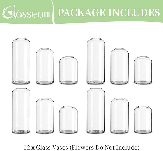 Glasseam Clear Small Flower Vases - Bulk Set of 12, Handmade Modern Decorative Bud Vases for Flowers, Wedding Centerpiece, Dining Table Decoration