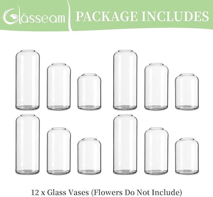 Glasseam Clear Small Flower Vases - Bulk Set of 12, Handmade Modern Decorative Bud Vases for Flowers, Wedding Centerpiece, Dining Table Decoration