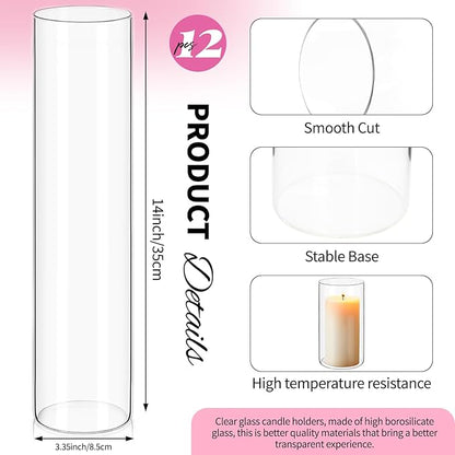 12Pack Glass Cylinder Vases for Centerpieces - 14 Inch Tall Flower Vase for Wedding Decorations, Floating Candle Holder Vase Bulk,Glass Hurricane Candle Holders for Table Shelf, Party, Home Decor