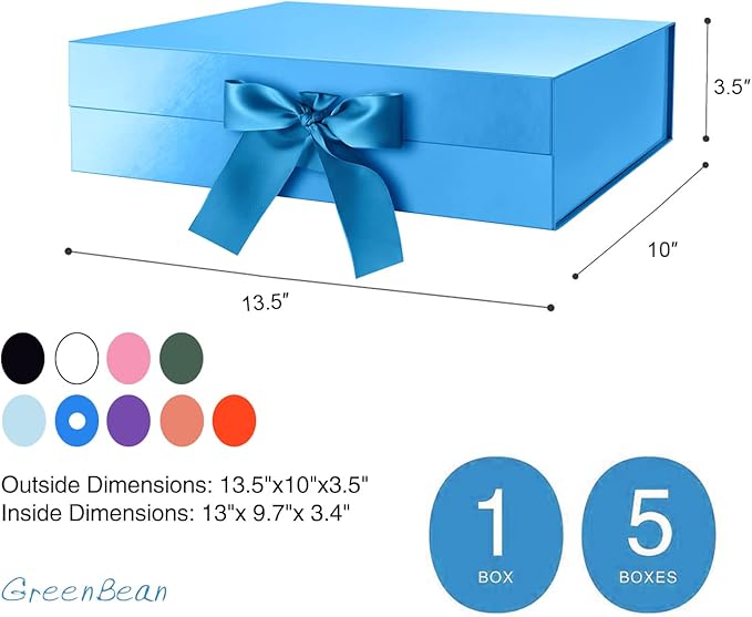 GREEN BEAN Large Gift Box with Lid for Presents 13x9.7x3.4 Inches, Fathers Day Blue Magnetic Gift Box with Ribbon, Groomsmen Proposal Box, Luxury Gift Boxes (Glossy Blue)