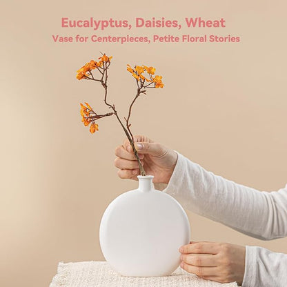 White Ceramic Flat Vase - 6.2" Unique Flower Vase for Pampas Grass & Centerpieces, Decorative Boho/Farmhouse Vase for Living Room, Office Desk & Housewarming Gift (for Her/Yourself)