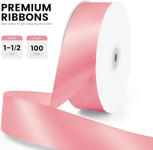 1-1/2" x 100 Yards Satin Ribbon - Wide Silk Rose Gold Ribbon with Spool - Ideal for Gift Wrapping, Floral Bouquets, Crafts, Wedding Party Decorations, Christmas and Sewing Projects