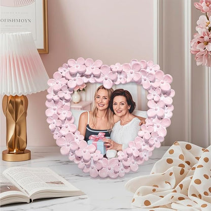 Hodao 4x4 Inch 3D Floral Heart Shaped Frame - Hand-Crafted Resin Picture Frame with White & Gold Accents for Wedding, Valentine’s Day & Romantic Home Decor (Pink-Heart)