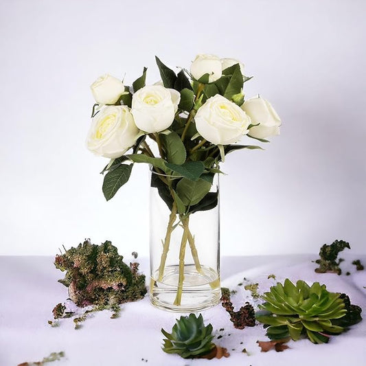 ENOVA FLORAL 9 Heads Silk Rose Artificial Flowers in Vase,Faux Rose Flowers Arrangement in Vase with Faux Water for Table Decor Centerpieces (Cream)